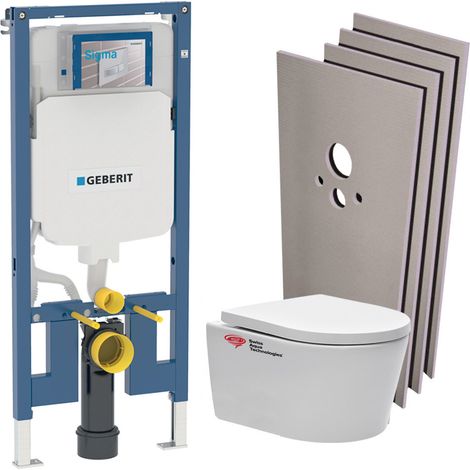 Pack WC Bati Geberit extra-plat + WC Swiss Aqua Technologies sans bride + Abattant + Plaque + habillage (SLIM-SATrimless-F-sabo)