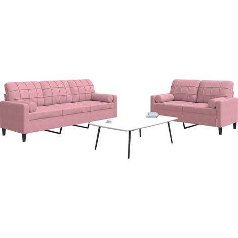 2-tlg. Sofagarnitur mit Kissen und Nackenrollen Rosa Samt
