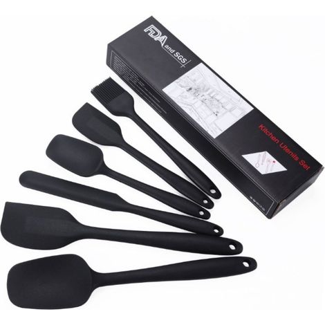 Spatules en silicone 6 pièces résistantes à la chaleur, idéales pour la cuisine, la pâtisserie, le mélange et la décoration de gâteaux. Couleur : noir. (1/5)