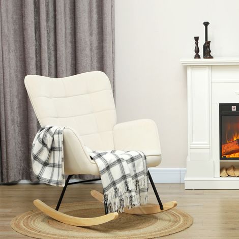 Fauteuil à bascule en tissu effet velours beige, avec accoudoirs, fauteuil relax salon chambre (1/5)