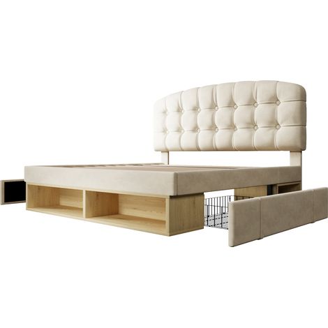 Lit double 140x200 cm rembourré en velours beige avec sommier à lattes, cadre de lit avec tête de lit courbée réglable en hauteur, lit avec tiroirs et espace de rangement, lit de chambre sans matelas (1/5)