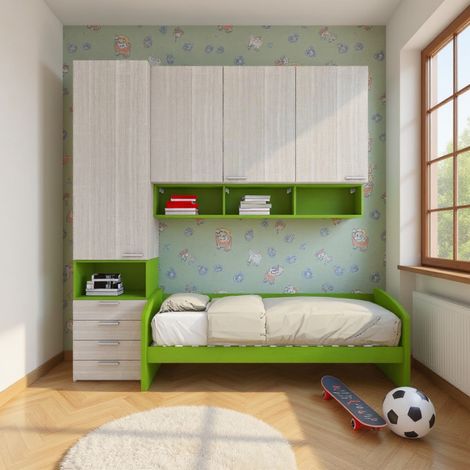 Cameretta a mezzo ponte con divano letto, armadio e cassettiera - Rovere rock e Verde mela
