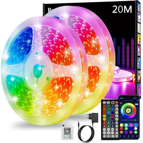 Ruban Led 20m, Led Chambre, Bande Led Lumineuse Contrôlé par APP Bluetooth ou Télécommande 44 Touches, Synchroniser avec Rythme de Musique, RGB Bandeau Led pour Decoration Chambre, Gaming (2 10m) [Cl (1/5)