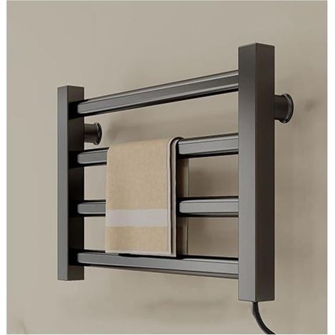Porte-serviettes chauffant intelligent, porte-serviettes électrique mural de 80 W pour salle de bain, 4 barres, à brancher, noir. (1/5)
