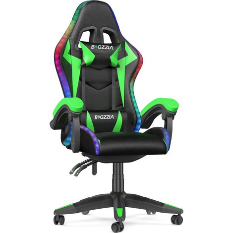Ergonomischer Gaming-Stuhl mit RGB-LEDs – Hohe Rückenlehne mit 155° Neigung – Kunstleder – Belastbarkeit: 136 kg – 360° drehbar – Grün