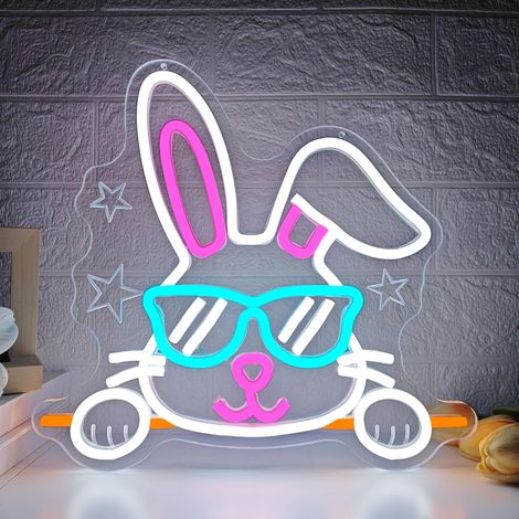 Lapin lumineux néon, néons « Joyeuses Pâques », décoration murale à intensité variable pour la maison, bars, bureaux et magasins (1/5)