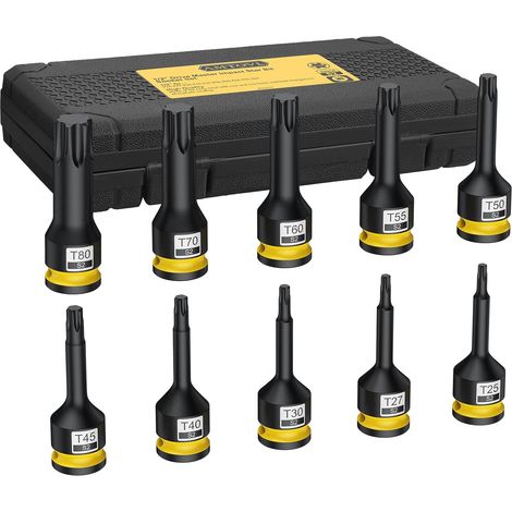 10PCS Jeu de Douilles Torx à Chocs en T 1/2'' T25-T80 Acier Allié S2 HRC58-62 Douille Femelle avec Anneau Cuir Epingle Boîte Rangement pour Réparation Automobile d’Appareil - (1/5)