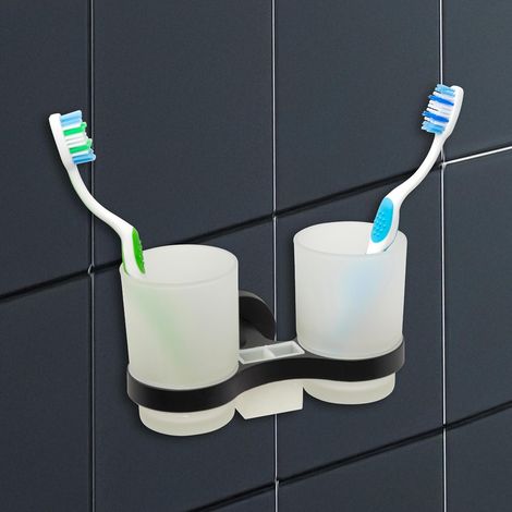 Soporte de pared negro autoadhesivo para escobilla de inodoro con doble cristal, diseño moderno, no requiere taladrar, para baño/ducha. (1/5)