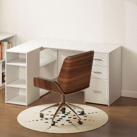 Bureau d'Angle, Bureau Informatique en L, 3 Tiroirs, 5 Compartiments Ouverts, Étagères Réglables, 140x100x75cm, Blanc (1/5)