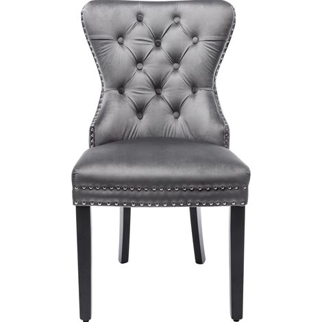 Set di 4 sedie da pranzo in velluto grigio con gambe in legno, capitonné e borchie (1/5)