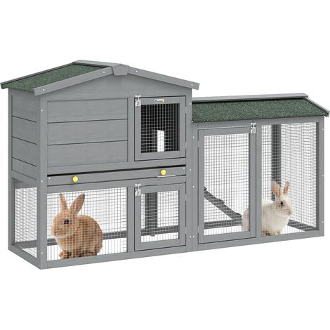 Clapier gris 150x45x85 cm avec 2 niveaux, toit en asphalte, bac et échelle, habitat design sobre pour lapins pratique et grand format