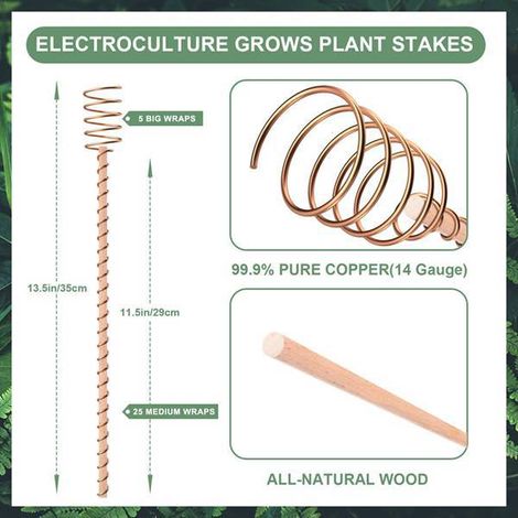 8 couleurs : voir photo. Matériaux : bois et fil de cuivre, tuteurs pour plantes électro-cultivées, fil de cuivre horticole, alliage de cuivre.