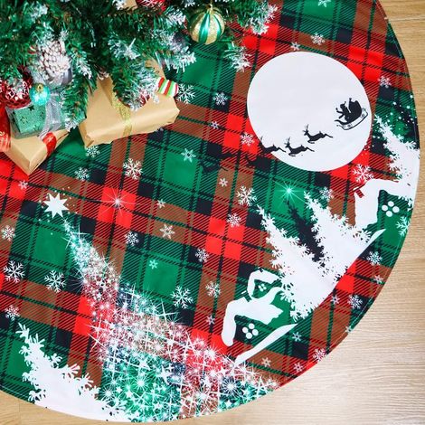Falda para árbol de Navidad, falda para árbol de 120 cm a cuadros rojos y verdes con estampado de copos de nieve y renos, falda para árbol grande (1/5)