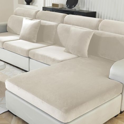 Velvet Sofa Cushion Cover, Stretchable Universal Sofa Back Cover, Furniture Protector Non-Slip Sofa Covers (Large, 1 Seater, Beige) (1/5)