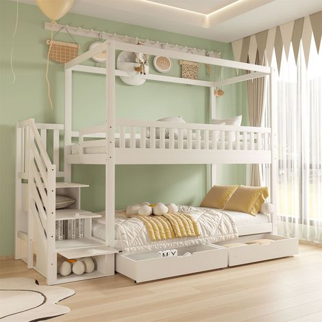 Etagenbett 90 x 200 cm – Kinderbett in Hausform, mit 2 Schubladen, Sicherheitsgitter und Stauraumtreppe – weiß