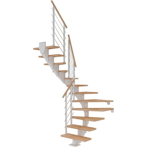 Dolle Mittelholmtreppe Hamburg 1/4 gewendelt Eiche weiß, geölt 85 cm breit für GH 222 – 258 cm UK Metall Weiß mit Geländer