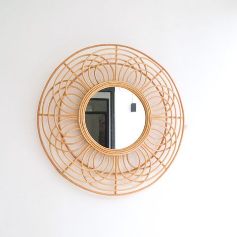 Miroir Rond en Rotin 58 cm - Miroir Mural Fait Main Style Bohème pour Salon et Entrée - PANGIVO (1/4)