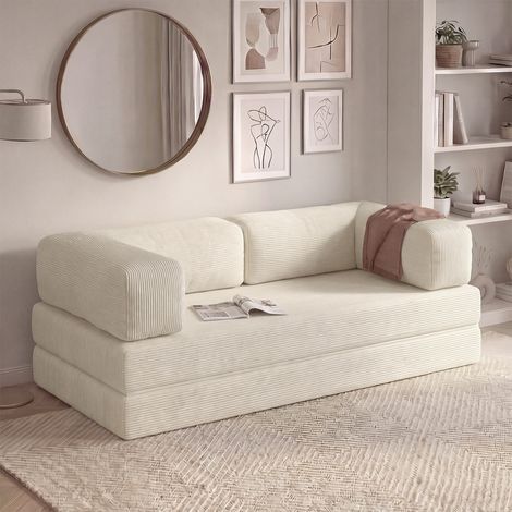 Sofá recto de 3 plazas convertible NATOU en terciopelo acanalado beige (1/5)