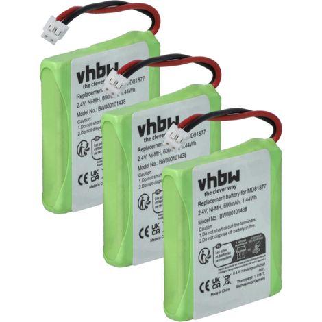 vhbw 3x Akku kompatibel mit BT Verve 450 schnurlos Festnetz Telefon (600 mAh, 2,4 V, NiMH)