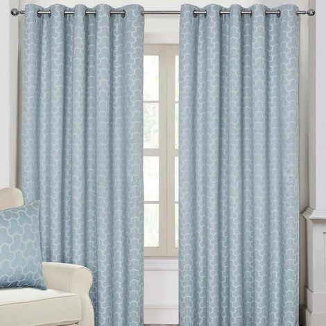 HOMESCAPES Blue Geometric Jacquard Blackout Eyelet Curtain Pair, 90 x 54"