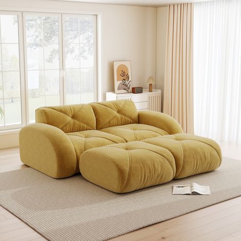 Dieses modulare 2-Sitzer-Sofa wird mit zwei Hockern geliefert. Es ist ein rahmenloses Sofa, das sich für Wohnzimmer und Wohnungen eignet, rutschfest ist und keine Montage erfordert, Gelb