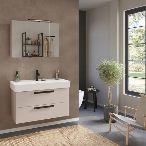 Badmöbel Set 2-teilig Waschtisch in Beige, Spiegelschrank mit Beleuchtung - ATELLA-03 (1/5)