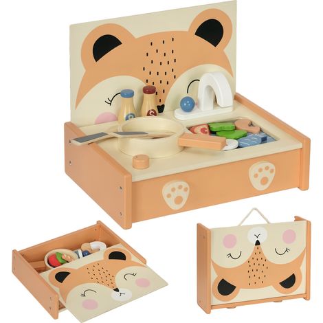 Cocina de juguete de madera para niños con 12 accesorios: sartén, espátula, condimentos, frutas, verduras - para edades de 3 a 5 años -