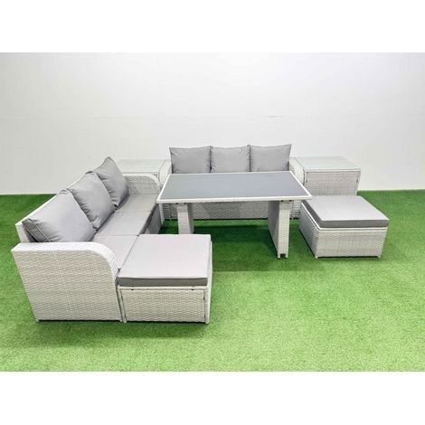 Fimous 8 Seater Rattan Outdoor Dining Table 3 Seater Sofa Set with 2 Side Tables 2 Big Stools Light Grey (1/4)