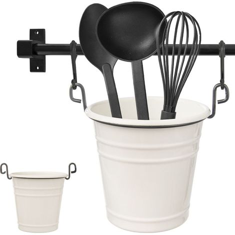 Metal kitchen utensil holder and herb pot with hooks