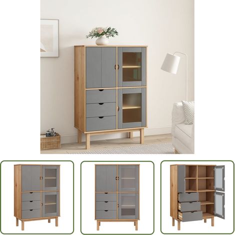 The Living Store Buffet haut OTTA marron et gris 85x43x125 cm bois massif de pin - Buffet - Armoire - Meuble De Rangement - Mobilier - Bois Massif (1/5)