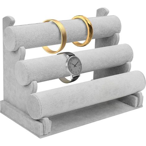 Soporte gris para joyas – 3 niveles para pulseras, relojes y collares, desmontable, diseño moderno y presentación clara - Crezuo