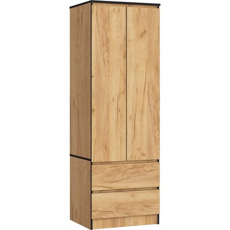 Akord – Armoire 60 cm 2 portes 2 tiroirs – Panneau stratifié chêne craft – Dimensions 60x51x180 cm – Design minimaliste sans poignées