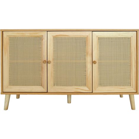 Palozi Sofa – Buffet scandinave en bois cannage 'Neuille' – 120 x 40 x 71.5 cm – 3 portes – Pieds compas vintage – Espace de rangement optimisé (1/4)