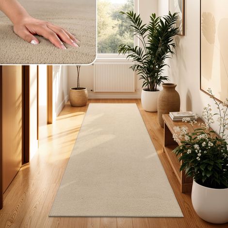 Paco Home Alfombra Moderna para Salón a Pelo Corto Lavable Suave Uni Efecto Piel Antideslizante 80x300 cm, Beige 2