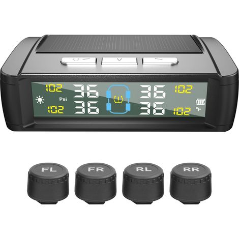 Reifendruckkontrollsystem, drahtloser Solarmonitor mit 4 externen Sensoren, Echtzeit-Temperaturanzeige für Pkw, Limousine, Geländewagen, Pickup-Truck. (1/4)