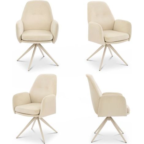 Bon Furni Velluto Sedia da pranzo Bianco Avorio con gambe bianche, Set da 4, girevole 360°, ergonomica ad alta elasticità e con braccioli