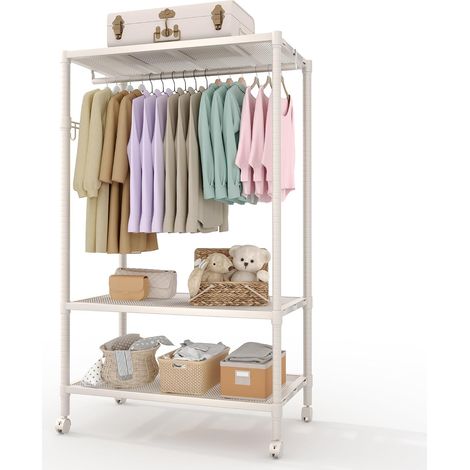 Portant à vêtements roulant robuste en métal 70,2"H x 45,5"L x 17,8"P- 3 niveaux, étagères en maille réglables, barre, crochets latéraux, roulettes verrouillables - 695 lb - Blanc mat (1/5)