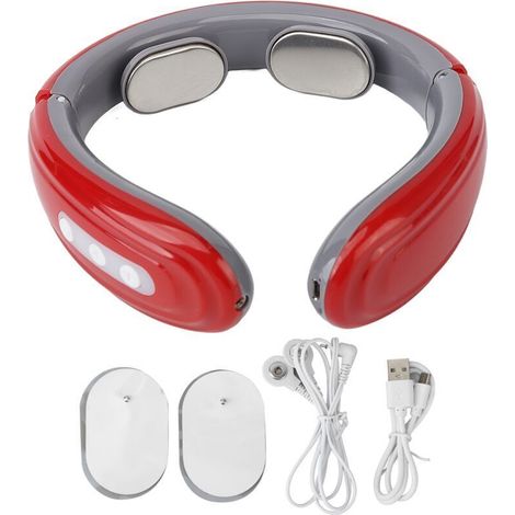 Masseur cervical sans fil 6 modes 9 intensités - Rechargeable avec patches TENS - Rouge - Soulagement efficace