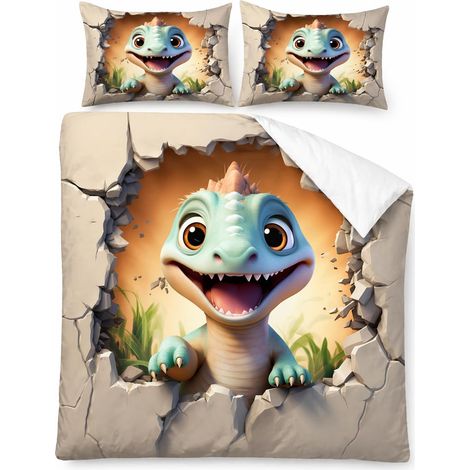 Parure de lit 2 pièces, en microfibre, avec housse de couette 135 x 200 cm et taie d'oreiller 80 x 80 cm, avec fermeture éclair, motif dinosaure 3D, pour garçon et fille (1/5)
