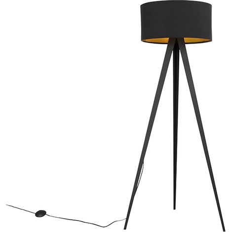 Qazqa – Lampadaire LED noir avec abat-jour noir et intérieur doré – Intensité variable – Hauteur 136 cm – Douille E27 – Pour intérieur (1/5)