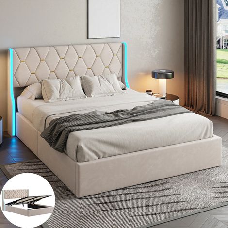Lit Coffre Hydraulique 140x190 cm, Lit Double Rembourré avec Éclairage LED, Tête de Lit capitonné, Style contemporain, Velours Beige (1/5)