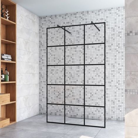 87.7x200cm+ mit 2 70-120cm Schwarz Stabilisator 8mm Nano Sicherheitsglas Walk in Gittermuster Streifen Duschwand Duschabtrennung (1/5)