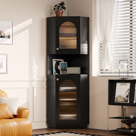 Armoire de Salle de Bain d'Angle avec Éclairage LED - 45x45x166,5 cm - Étagères Ajustables - Design Gain de Place - Noir (1/5)