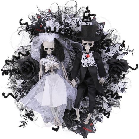 Couronne crânes Halloween, guirlande gothique squelettes en maille, décoration porte d'entrée, mur, chambre, fête et maison hantée (1/5)