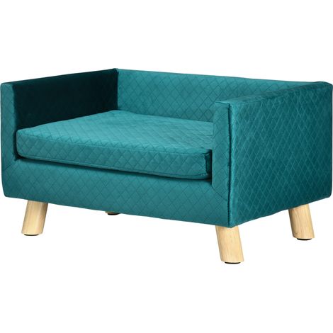 Canapé chien lit pour chien design scandinave coussin moelleux pieds bois massif dim. 64 x 45 x 36 cm velours bleu canard