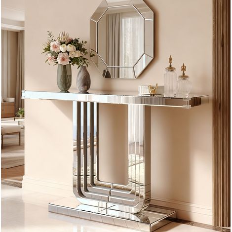 Konsolentisch 120 cm Silber aus Glas und MDF mit Spiegeloberfläche und U-förmigem Gestell (1/5)