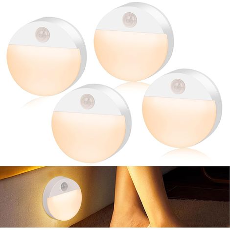 Veilleuse Détecteur de Mouvement - Lot de 4 LED avec Piles - Auto-On pour Couloir, Escalier, Chambre, Pratique et Économique (1/5)