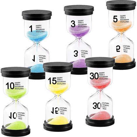 Juego de 6 relojes de arena, kit de relojes de arena de colores en vidrio transparente, temporizador de arena de 1 min/3 min/5 min/10 min/15 min/30 min - Reloj de arena, temporizador (1/5)