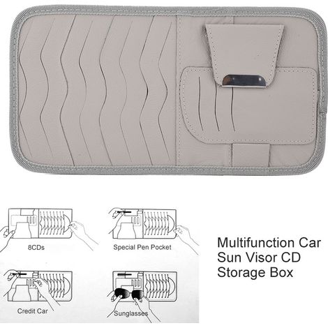 Étui de rangement multifonction en cuir PU gris pour pare-soleil de voiture, avec support et protection solaire pour CD. (1/5)
