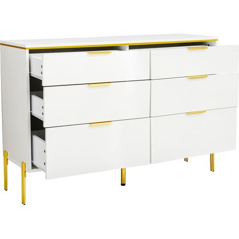 Buffet moderne blanc avec 6 tiroirs à finition brillante et détails dorés, grand rangement pour salon, salle à manger et entrée (1/5)